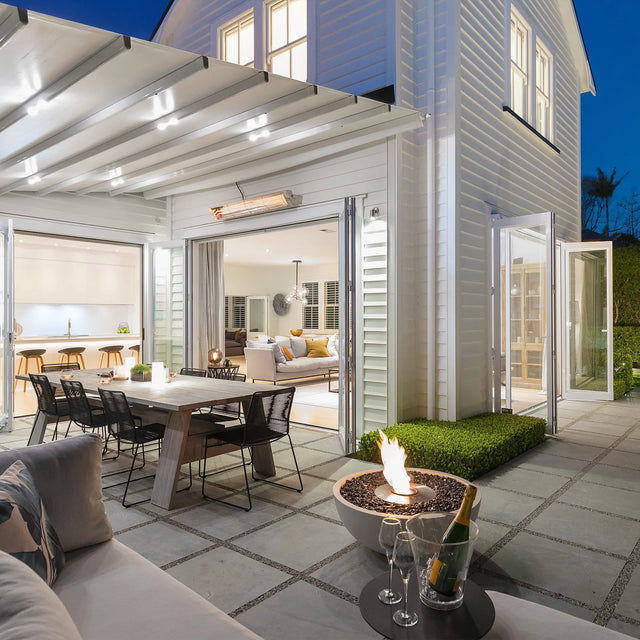 EcoSmart Fire Mix 850 fire pit on a modern outdoor patio