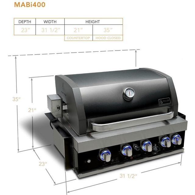 Mont Alpi 4-Burner Black Stainless Steel Art-Wood Propane Gas Island Grill W/ Refrigerator, Infrared Rear Burner & Rotisserie Kit - MA400-AWBSS
