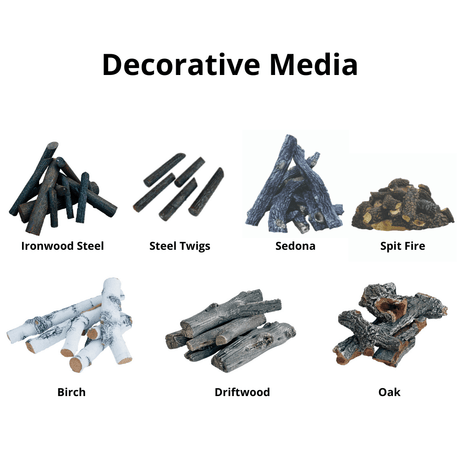 Decorative media options for Firegear Burning Spur including Ironwood Steel, Birch, Driftwood, and Oak for custom fire pit aesthetics.