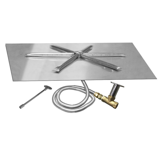 Close-up of burner, valve, and key components from Firegear DIY Fire Pit Kit - Square for natural gas outdoor fire pit setup.