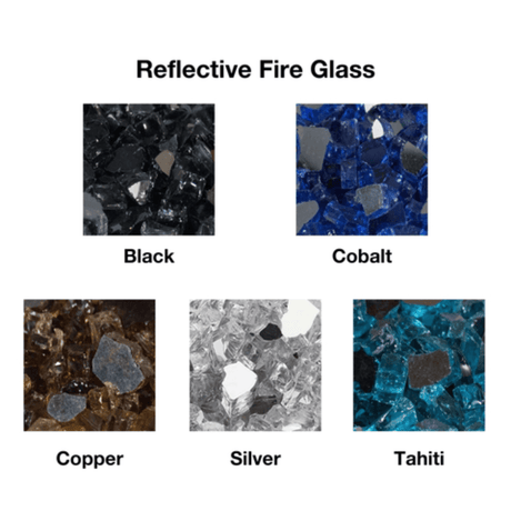 Reflective fire glass options for Firegear DIY Fire Pit Kit - Square in black, cobalt, copper, silver, and Tahiti finishes.