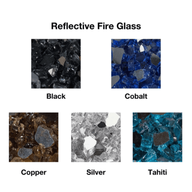 Reflective fire glass options for Firegear DIY Fire Pit Kit - Square in black, cobalt, copper, silver, and Tahiti finishes.
