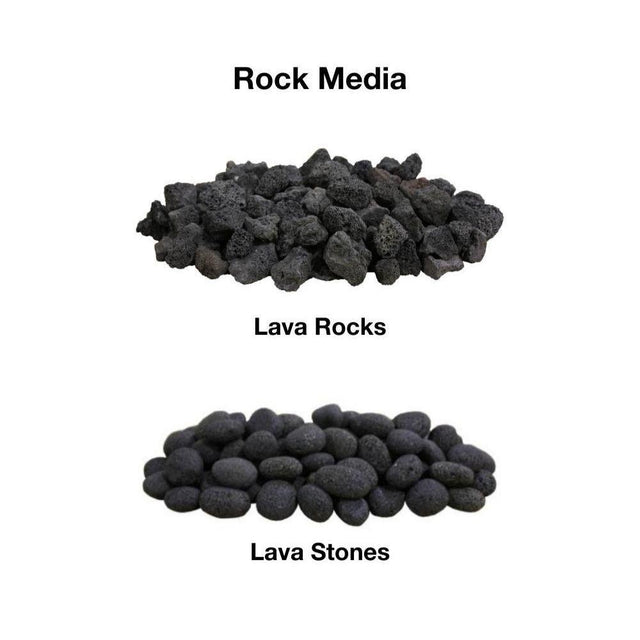 Rock media options for Firegear Pro Series H Burners - Brass Gas Burner, featuring lava rocks and lava stones for fire pit customization.