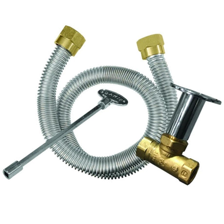 Flexible gas connection kit with key valve and fittings for Firegear Pro Series T Burners - Brass Gas Burner, supports safe propane or natural gas setup.