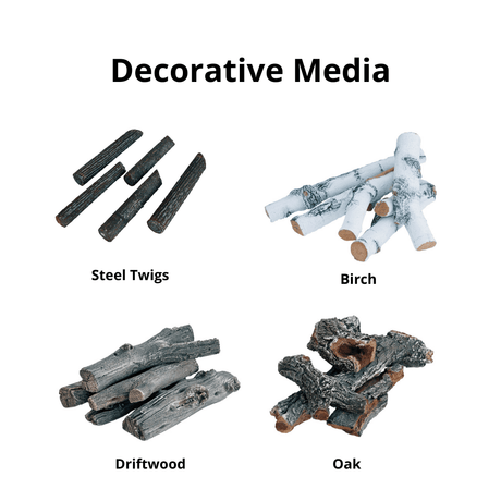 Decorative media options for Firegear Pro Series T Burners - Brass Gas Burner, including steel twigs, birch, driftwood, and oak for realistic fire pit aesthetics.
