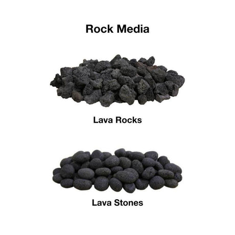 Rock media choices for Firegear Pro Series T Burners - Brass Gas Burner, featuring lava rocks and lava stones for enhanced heat retention and visual appeal.