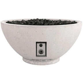 Close-up of Firegear Sanctuary 30-Inch Round Concrete Gas Fire Bowl in Arctic finish, featuring modern design and lava rock fill.
