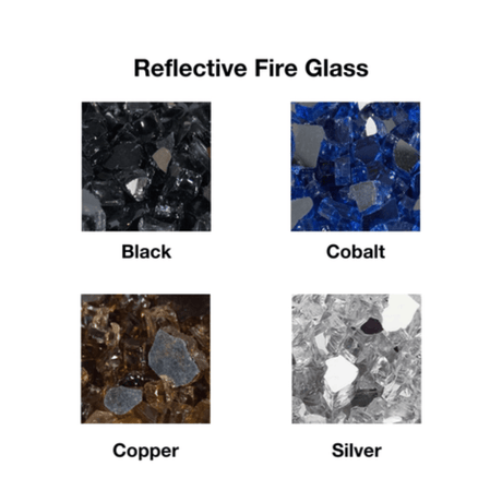 Reflective fire glass options for Firegear Sanctuary 30-Inch Round Concrete Gas Fire Bowl: Black, Cobalt, Copper, and Silver.