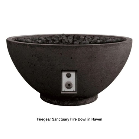 Firegear Sanctuary 30-Inch Round Concrete Gas Fire Bowl in Raven finish, featuring lava rocks and Flame Sense control panel.