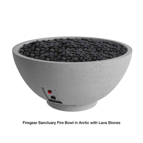 Firegear Sanctuary 30-Inch Round Concrete Gas Fire Bowl in Arctic finish with lava stones, offering a sleek outdoor heating solution.