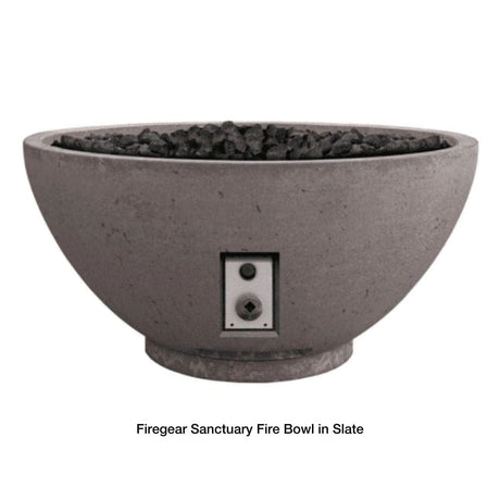 Firegear Sanctuary 39-Inch Round Concrete Gas Fire Bowl in Slate finish with lava rocks, ideal for modern outdoor settings.