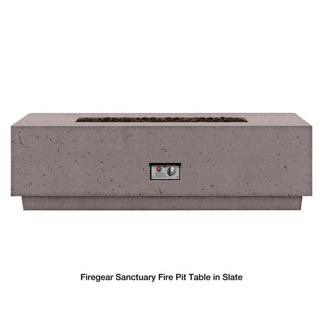 Firegear Sanctuary Rectangular Concrete Gas Fire Pit Table in Slate finish, CSA certified with integrated flame control panel.