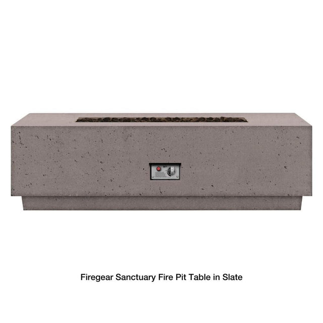 Firegear Sanctuary Rectangular Concrete Gas Fire Pit Table in Slate finish, CSA certified with integrated flame control panel.