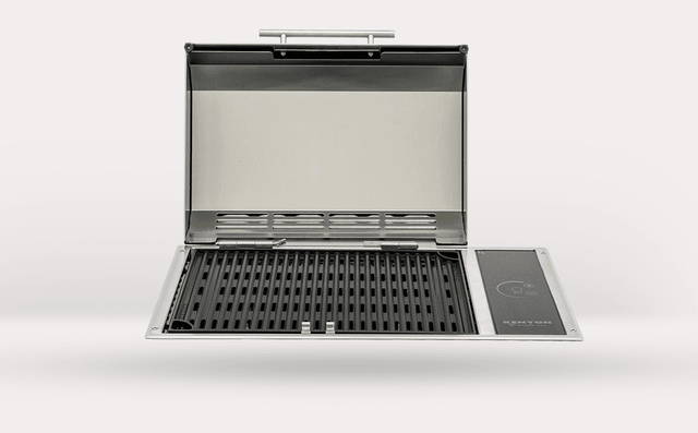 Kenyon Frontier B70051 21 in built-in electric grill, lid open, front view