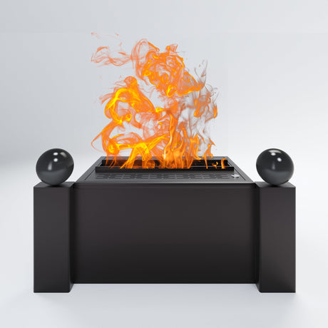 Aquafire Gatsby freestanding water vapor fireplace with flame in black finish