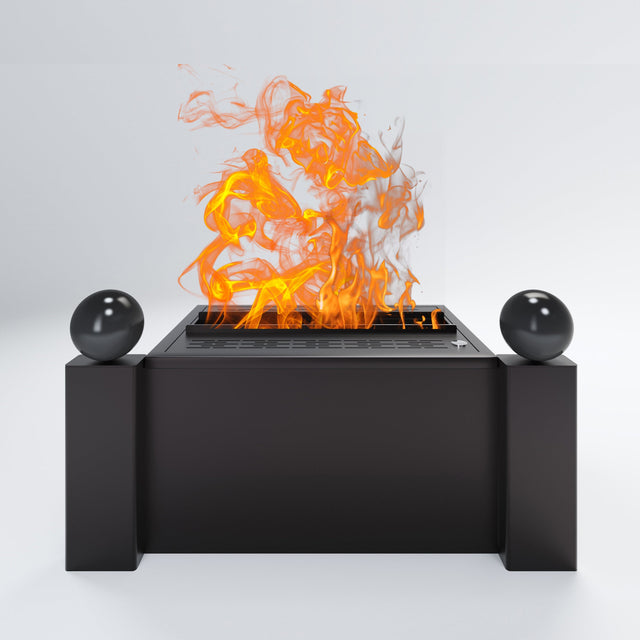 Aquafire Gatsby freestanding water vapor fireplace with flame in black finish