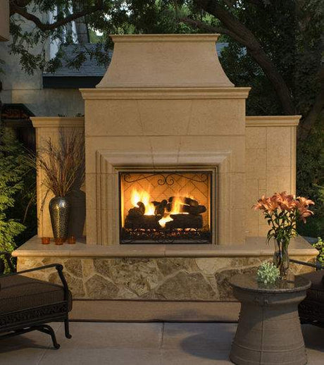 American Fyre Designs Arched Scroll Screen installed on outdoor fireplace