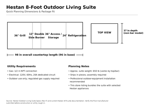 Hestan 8-foot Outdoor Living Suite planning dimensions showing 98-inch overall length, 37-inch depth and appliance fit