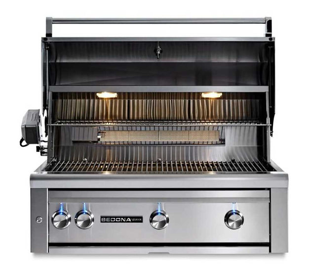 Lynx Sedona L601 36-Inch Built-In Gas Grill - hood open, ProSear burner and grates