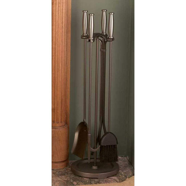 Pilgrim 5 Piece Vintage Iron Fireplace Tool Set with Steel Barrel Handles and Round Base