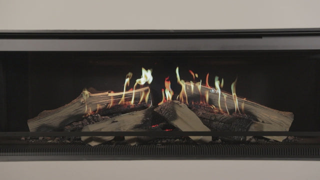 Front view of NetZero Fire E-One 130B 3D Electric Fireplace - Bay with vivid holographic flames and realistic wood log effect.