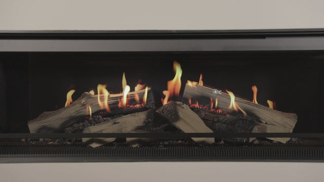 Realistic flame simulation in NetZero Fire E-One 130B 3D Electric Fireplace - Bay, highlighting eco-friendly design and immersive fire visuals.