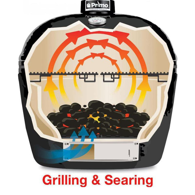 Primo Oval Large 300 Ceramic Kamado Grill On Cart With Side Shelves - PGCLGH