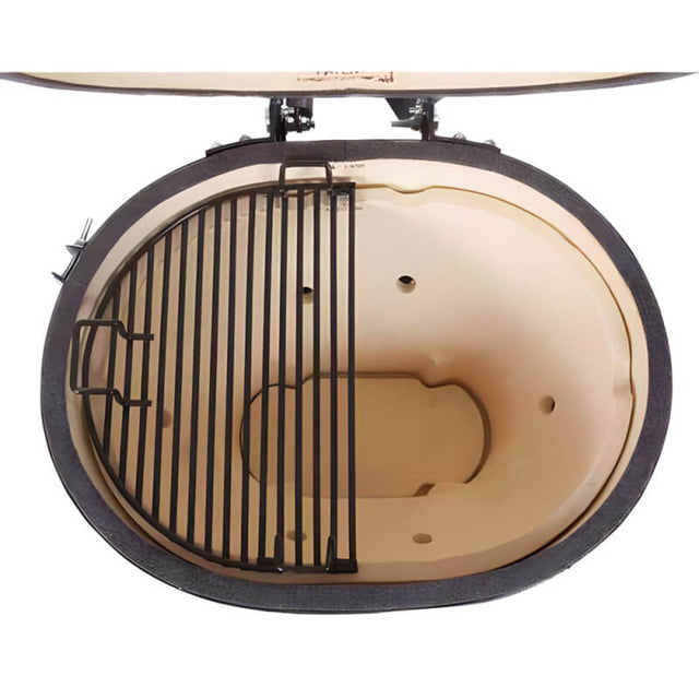 Primo Oval XL 400 Ceramic Kamado Grill On Curved Cypress Table  - PGCXLH