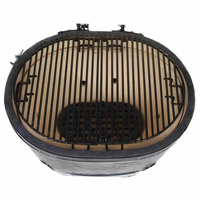 Primo Oval XL 400 Ceramic Kamado Grill On Curved Cypress Table  - PGCXLH