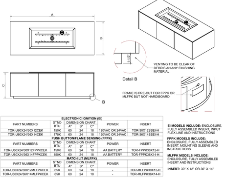 HPC 30 Inch Rectangle  Electronic Ignition Torpedo H-Burner Outdoor Gas Firepit - TOR-U60X24/30X12CEK