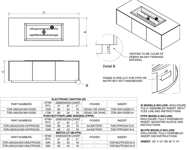 HPC 30 Inch Rectangle  Match Lit Ignition Torpedo H-Burner Outdoor Gas Firepit - TOR-U60X24/30X12MLFPKCEK