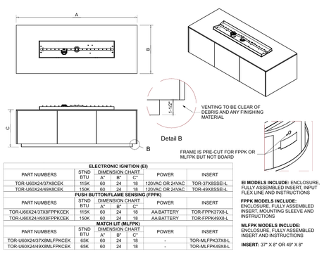 HPC 49 Inch Rectangle  Match Lit Ignition Interlink Torpedo Burner Outdoor Gas Firepit - TOR-U60X24/49X8MLFPKCEK