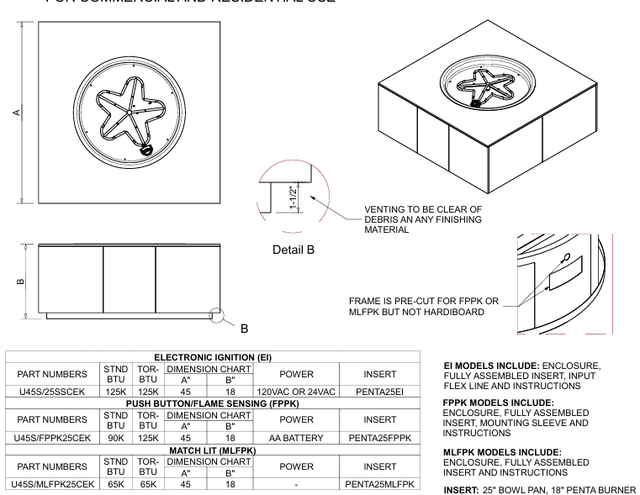 HPC Torpedo Square  Push Button Ignition Outdoor Gas Firepit - TOR-U45S/FPPK25CEK