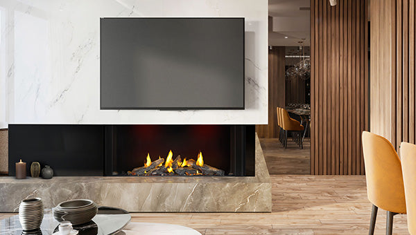 Napoleon Tall Bay Luxuria 50 three-sided gas fireplace lifestyle