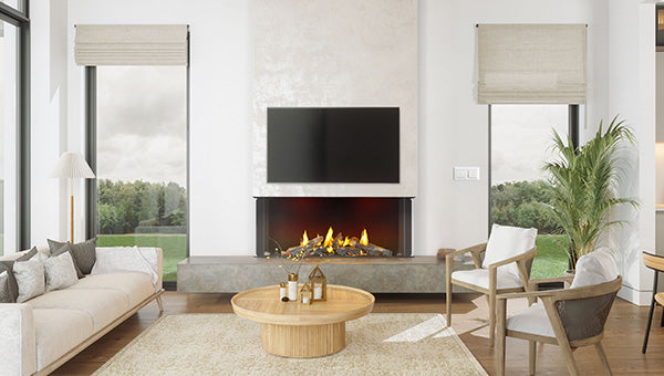 Napoleon Tall Bay Luxuria 50 three-sided gas fireplace lifestyle