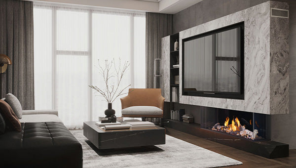 Napoleon Tall Bay Luxuria 62 three-sided gas fireplace lifestyle