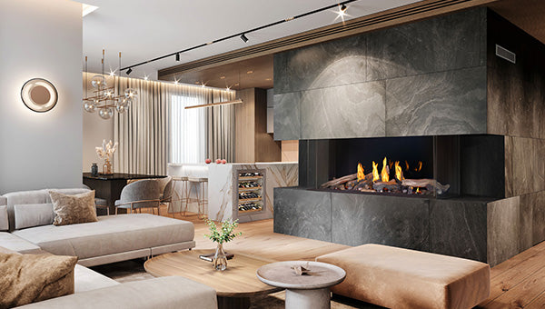 Napoleon Tall Bay Luxuria 62 three-sided gas fireplace lifestyle