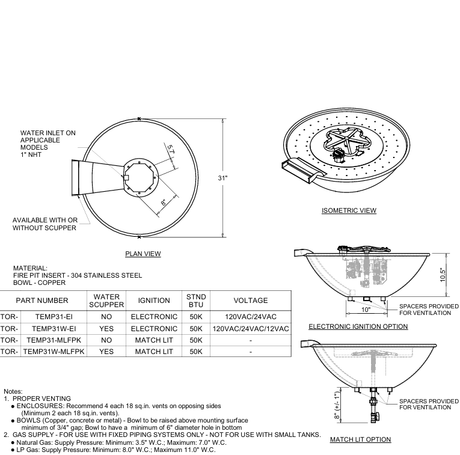 HPC Tempe Hammered Copper Bowl Outdoor Gas Firepit - TEMP31-EI