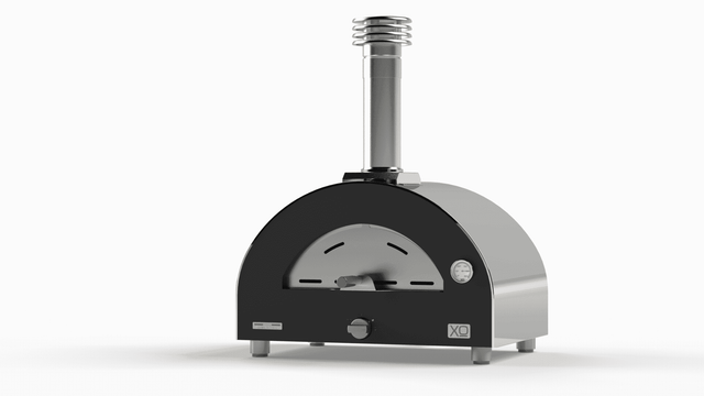 Sleek XO Tabletop Hybrid Gas & Wood Oven in glossy black, designed for countertop use with dual-fuel capability and stainless steel chimney.