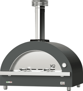 XO 40 Inch Countertop Wood Fire Outdoor Oven in matte black finish with stainless steel chimney, ideal for backyard pizza making.