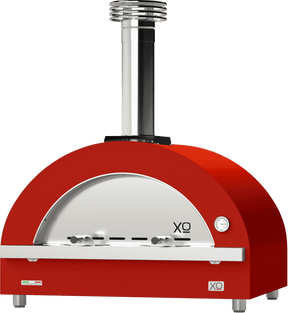 XO 40 Inch Countertop Wood Fire Outdoor Oven in vibrant red finish, featuring dual handles and built-in thermometer for outdoor kitchens.