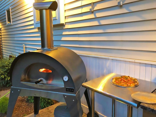 Alfa Ciao 27-Inch Freestanding Wood Fired Outdoor Pizza Oven with Base - Silver Grey