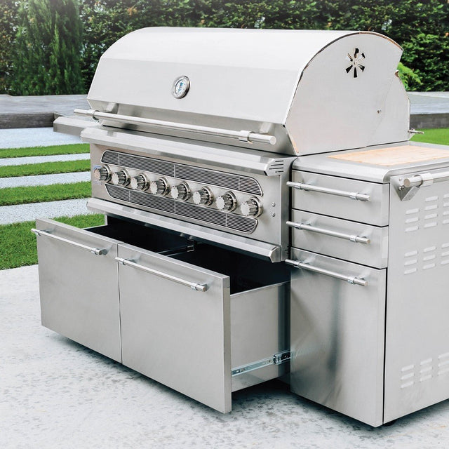 American Made Grills Encore/Muscle 54-Inch Grill Cart - angle view with grill
