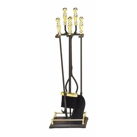 Brass and Black Wrought Iron 4-Piece Fireplace and Hearth Tool Set
