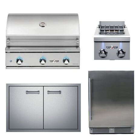 Delta Heat 32 Inch Built-In Gas Grill Four Piece Package with Refrigerator, Double Doors, & Double Side Burner