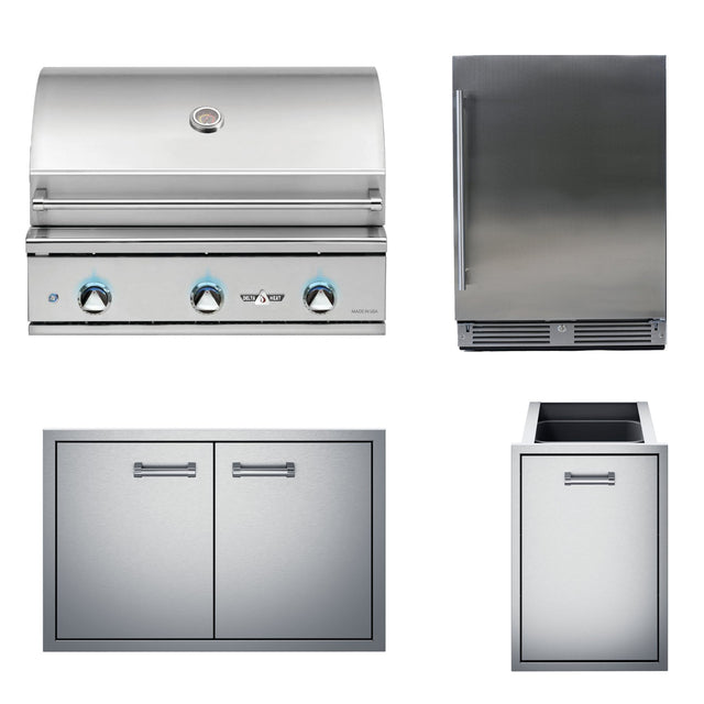 Delta Heat 32 Inch Built-In Gas Grill Four Piece Package with Refrigerator, Double Doors, & Double Trash Drawer