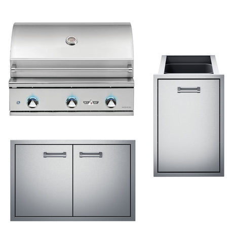 Delta Heat 32 Inch Built-In Gas Grill Three Piece Package with Double Doors & Double Trash Drawer