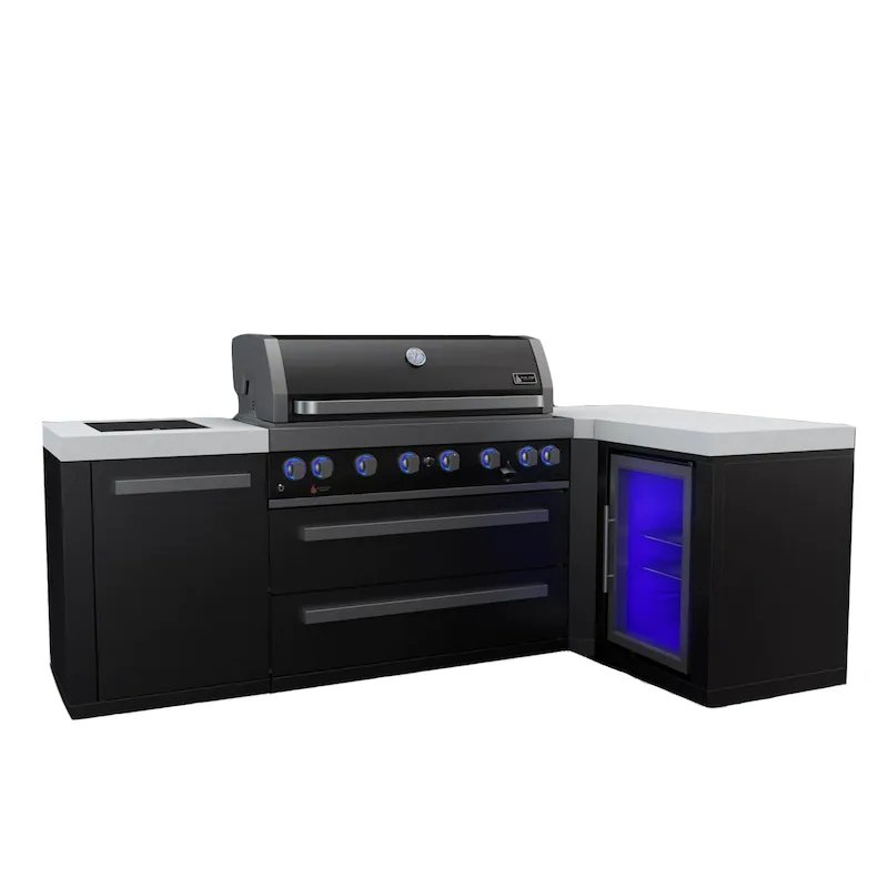 Mont Alpi 805 Deluxe 90 Degree Gas Island Grill W/ Refrigerator Cabinet, Infrared Side Burner, & Rotisserie Kit - Black Stainless Steel