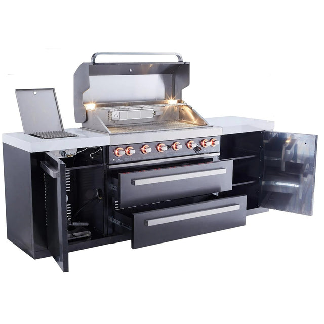 Mont Alpi 805 Deluxe Gas Island Grill W/ Infrared Side Burner & Rotisserie Kit - Black Stainless Steel