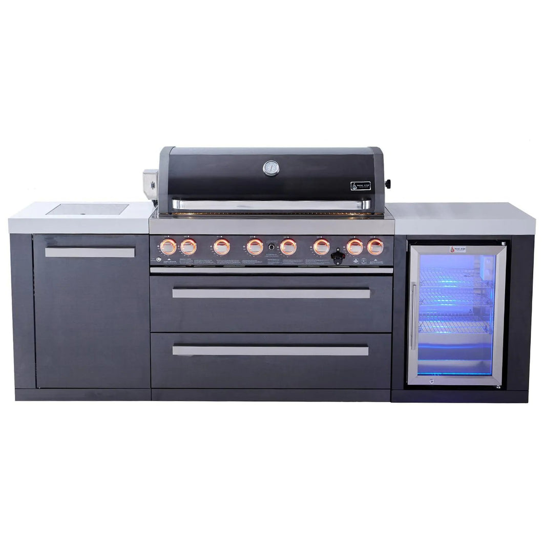 Mont Alpi 805 Deluxe Natural Gas Island Grill W/ Refrigerator Cabinet, Infrared Side Burner, & Rotisserie Kit - Black Stainless Steel